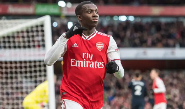 LONDON, ENGLAND - FEBRUARY 23: Eddie Nketiah of Arsenal FC celebrate after scoring 1st goal during the Premier League match between Arsenal FC and Everton FC at Emirates Stadium on February 23, 2020 in London, United Kingdom. (Photo by Sebastian Frej/MB Media/Getty Images)